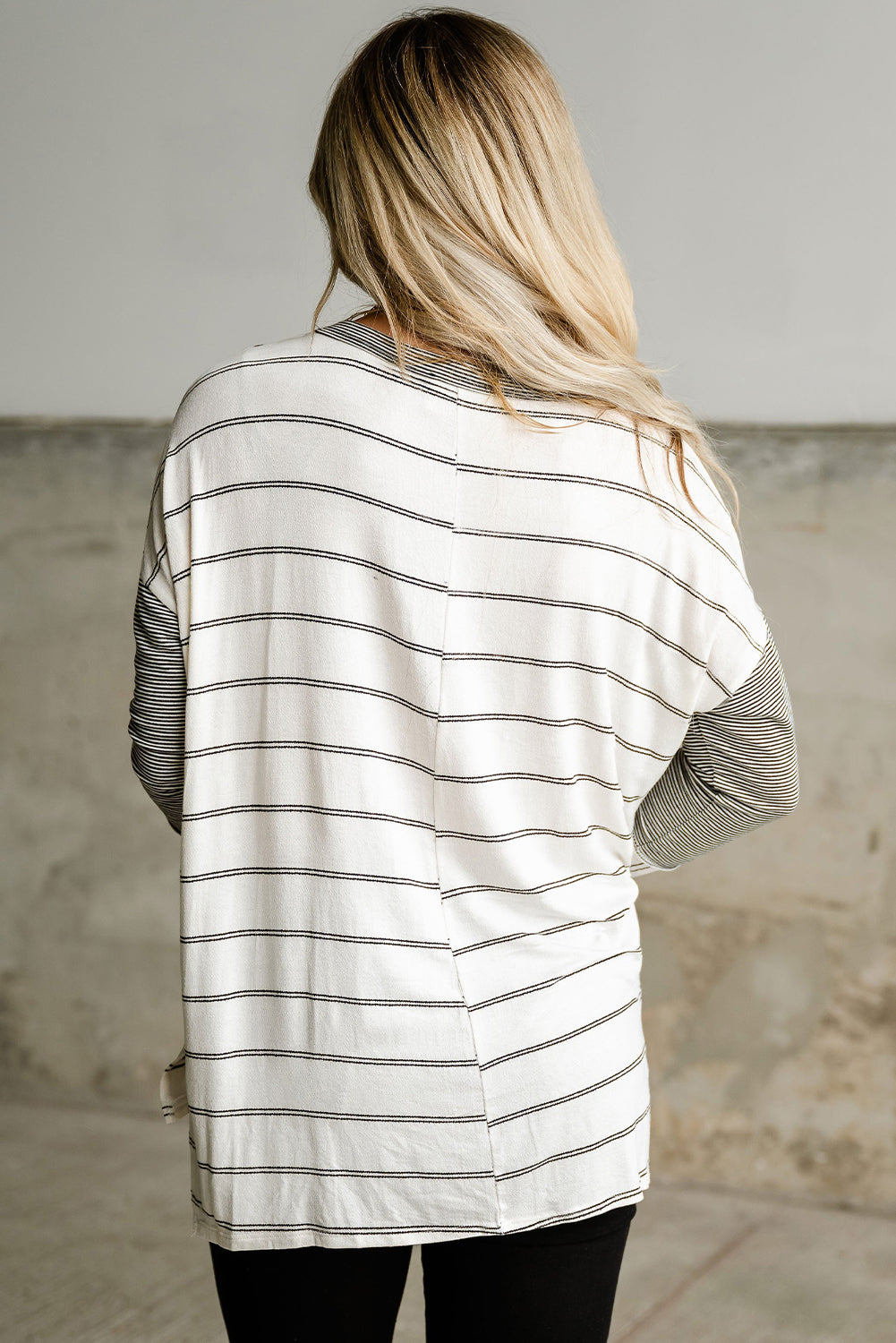 Stripe Patchwork High Low Side Slits Long Sleeve Top eAura