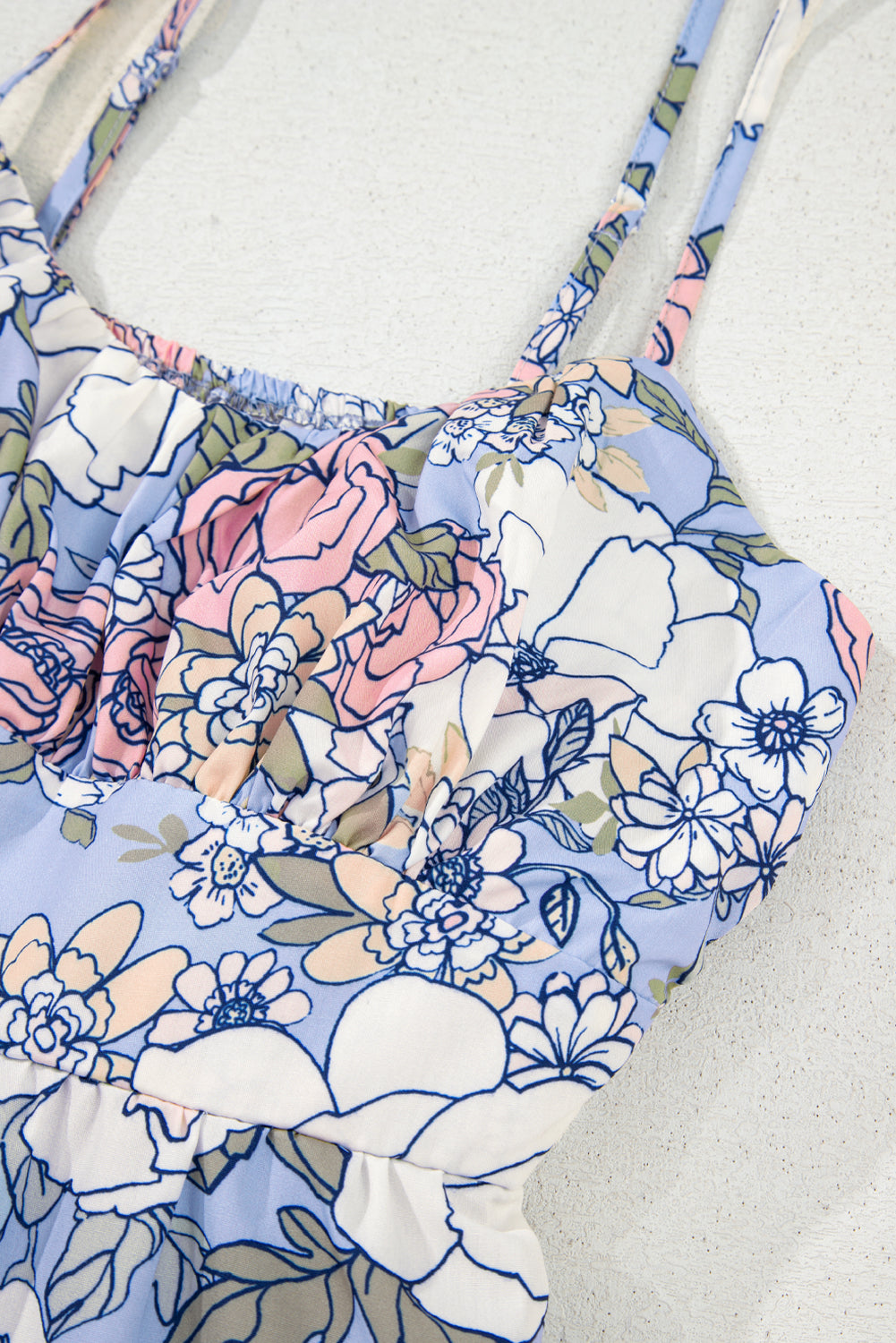 Sky Blue Floral Tiered Patchwork Spaghetti Strap Dress eAura