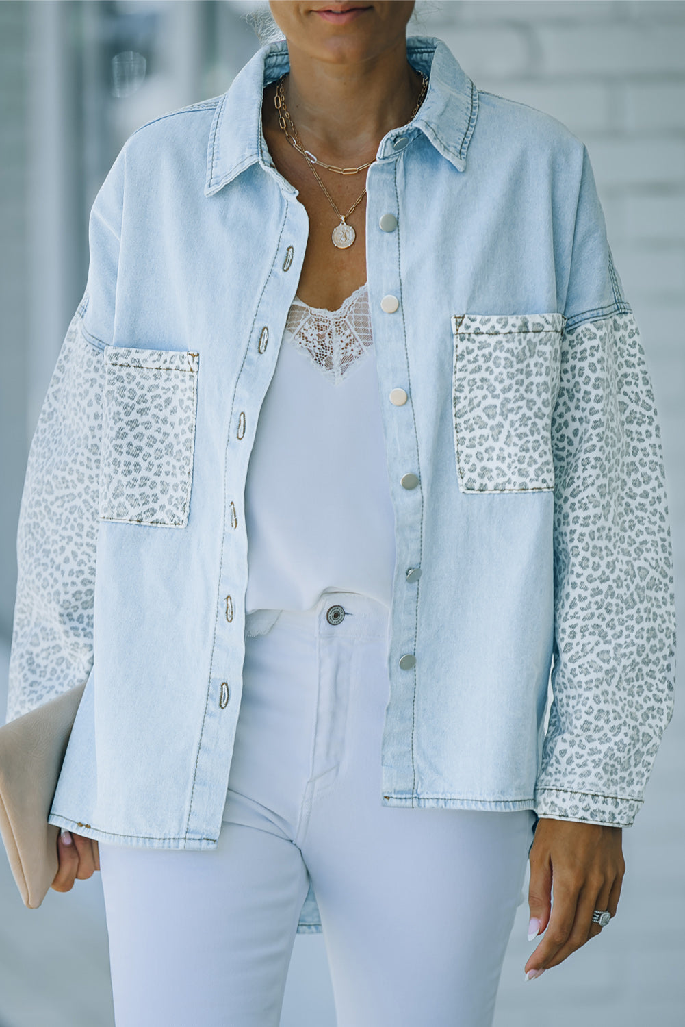 White Contrast Leopard Denim Jacket eAura