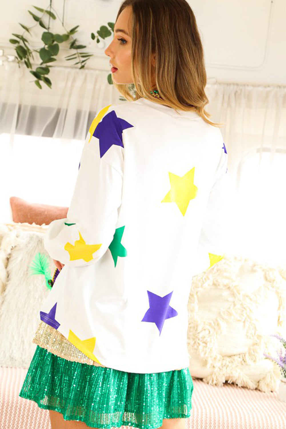 White Mardi Gras Star Printed Long Sleeve Top eAura