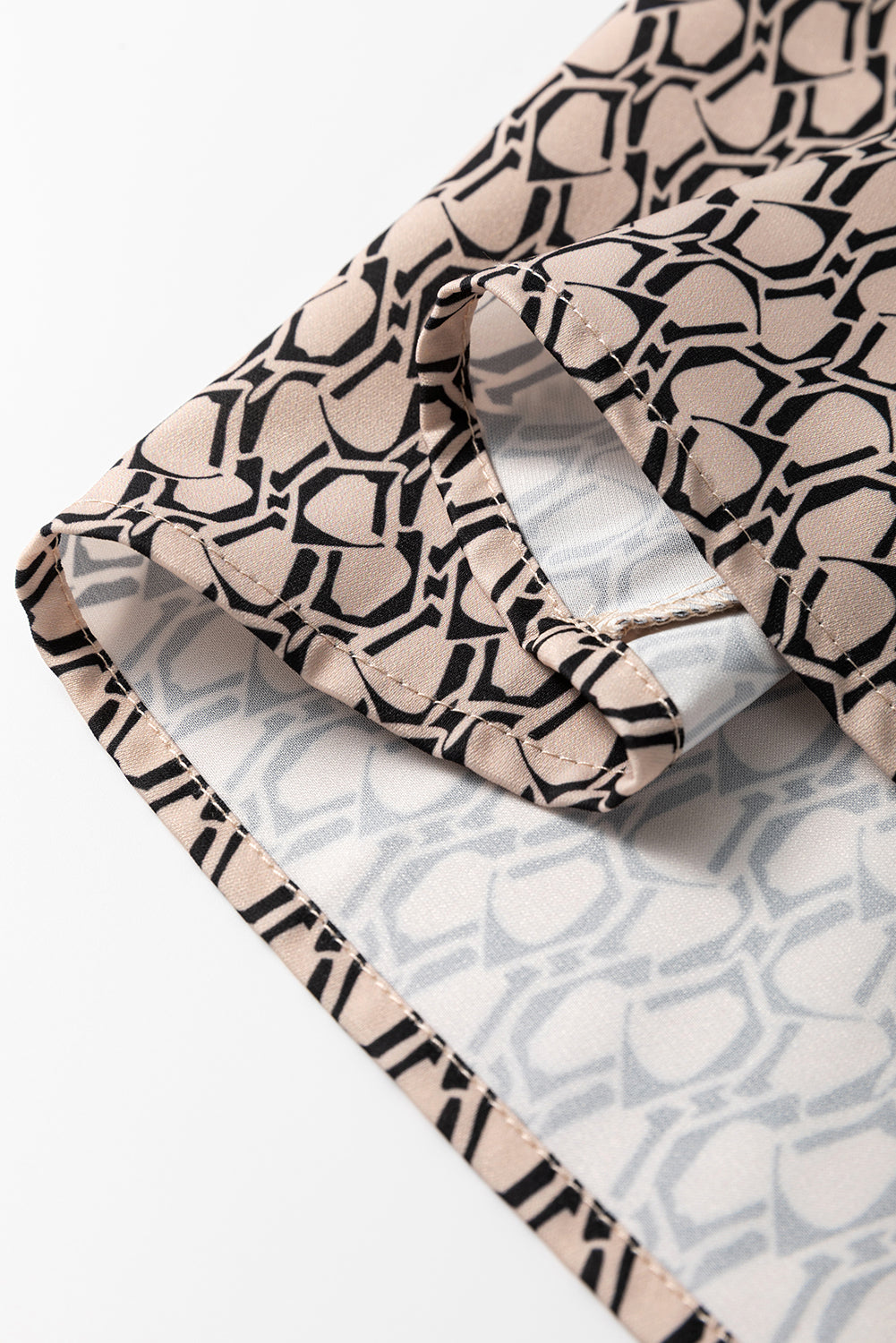 Khaki Geometric Print Notched Neck Puff Sleeve Blouse eAura