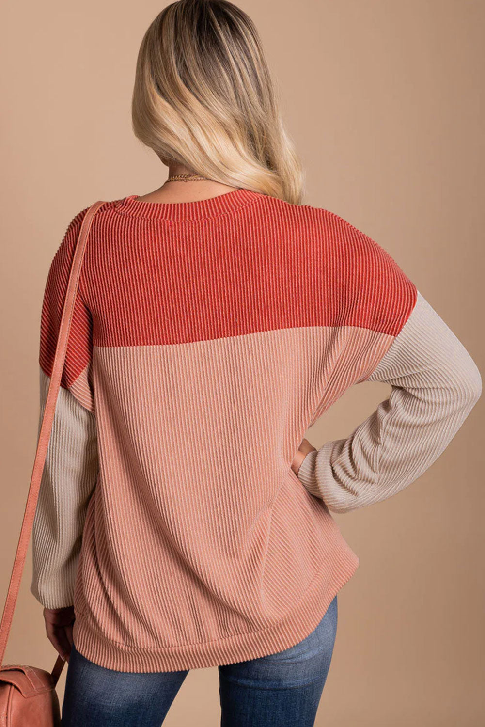 Pink Colour Block Long Sleeve Ribbed Loose Top eAura