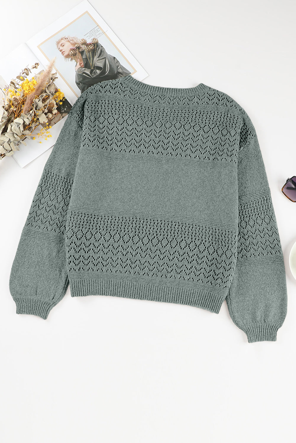 Black Eyelet Pattern Detail V Neck Drop Shoulder Sweater eAura