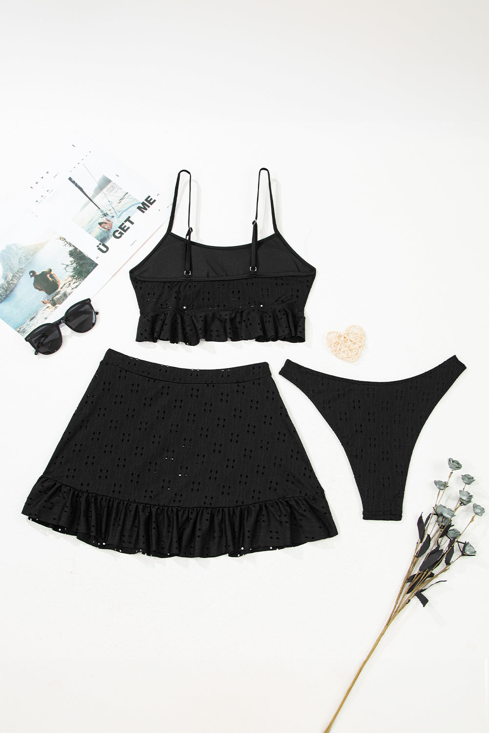 Black Eyelet Pattern Knotted Ruffle Trim 3pcs Bikini Set eAura