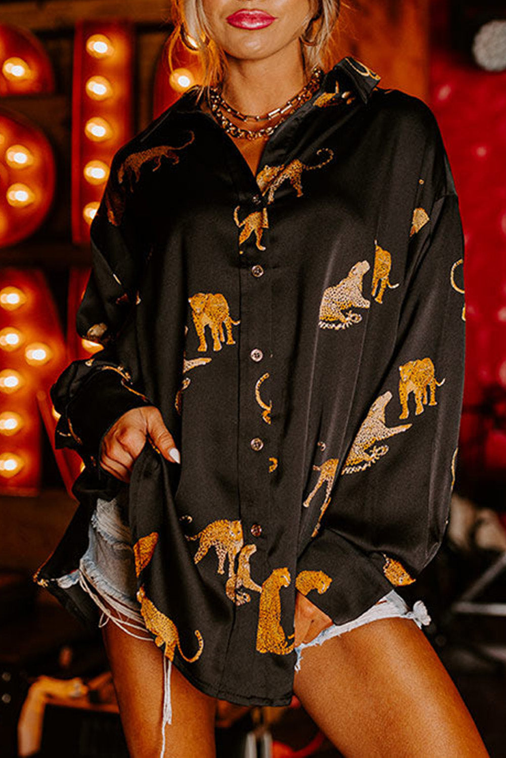 Black Cheetah Animal Print Button Up Satin Shirt eAura
