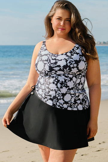 Black Plus Size Printed Square Neck Drawstring Ruffled Tankini Set BB Fashion Outlet