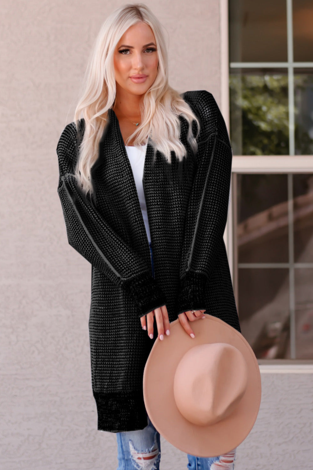 Apricot Plaid Knitted Long Open Front Cardigan eAura