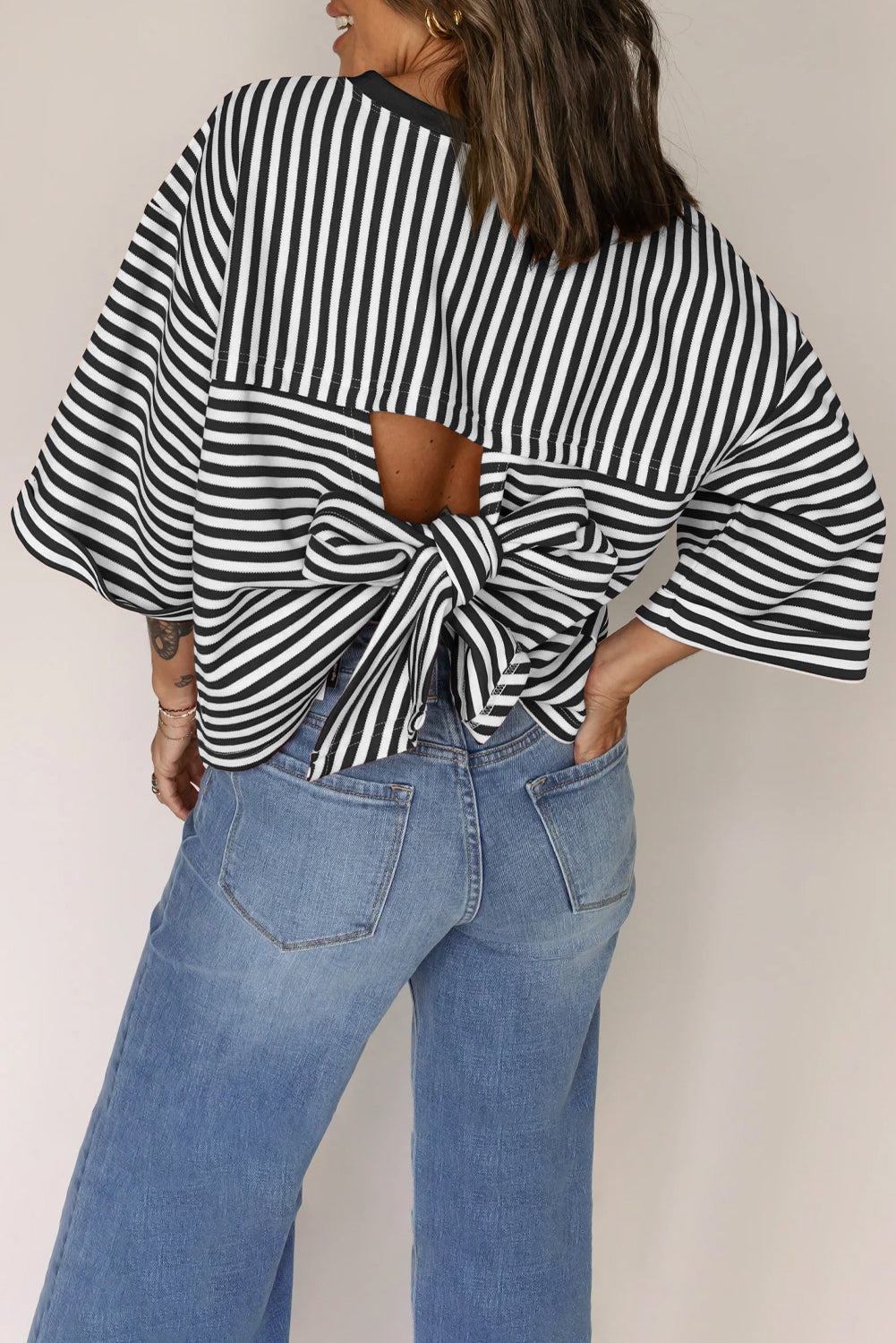 Black Stripe Bowknot Cutout Back Drop Shoulder Wide Bracelet Sleeve Loose Tee eAura