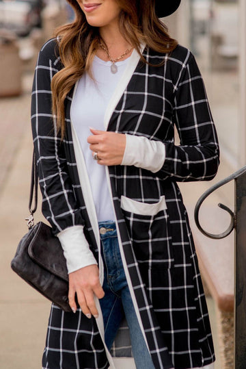 Black Plaid Colourblock Edge Open Cardigan with Pocket Beagle Boutique Fashion Outlet