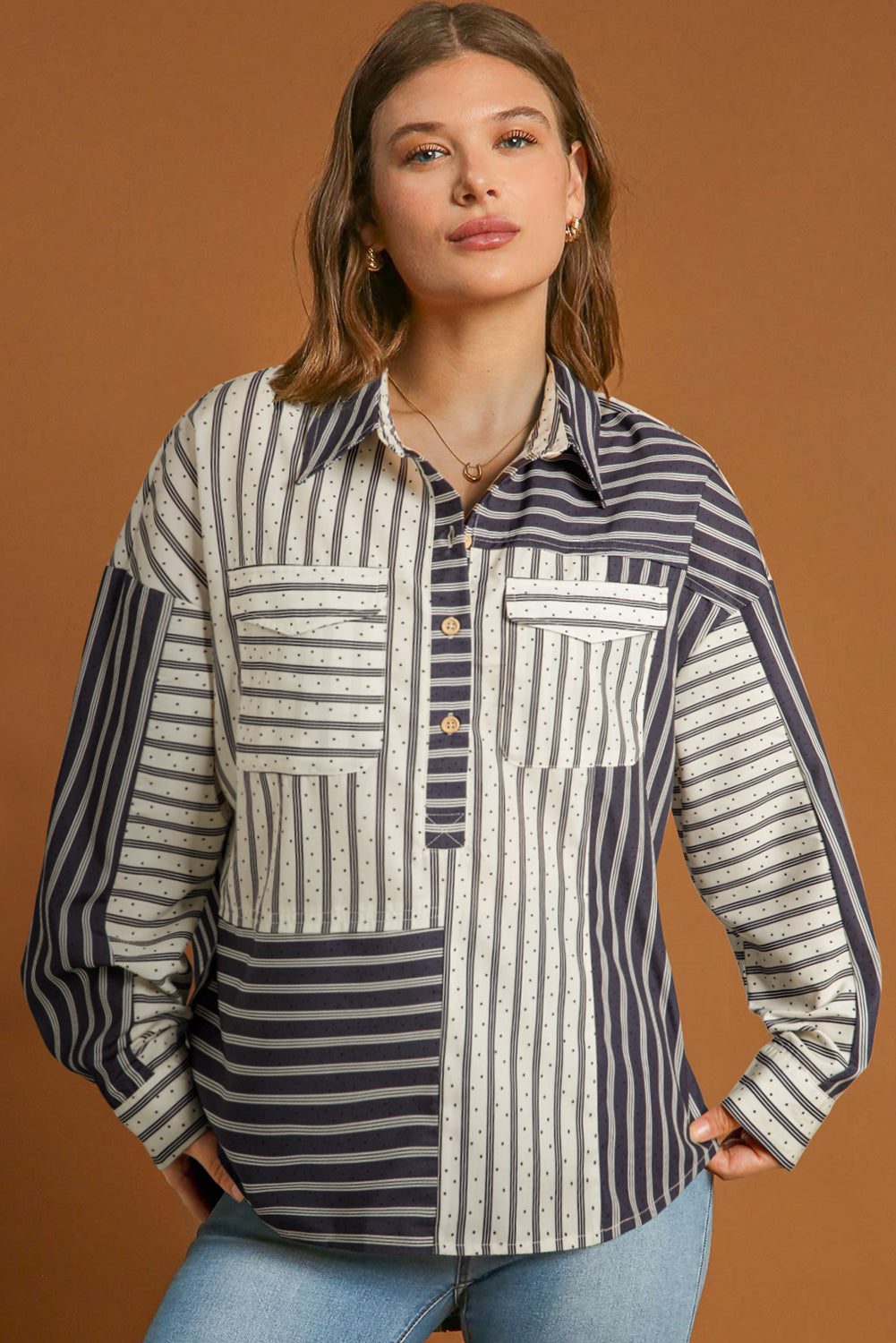 Black Stripe 2-tone Patchwork Half Buttons Chest Pockets Casual Blouse eAura