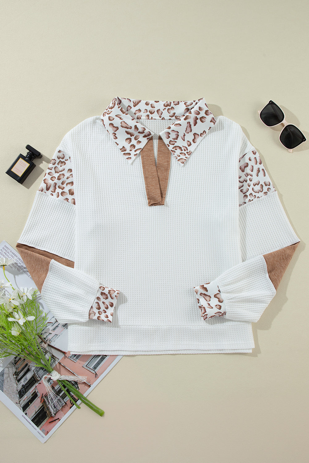 White Leopard Patchwork Turn-down Collar Waffle Top eAura