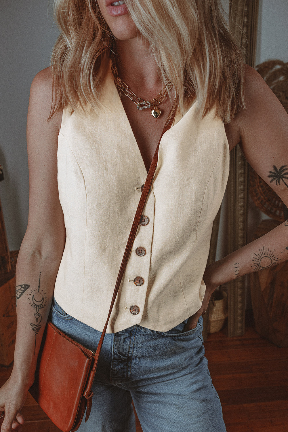 White Slim Fit Buttoned V Neck Vest eAura