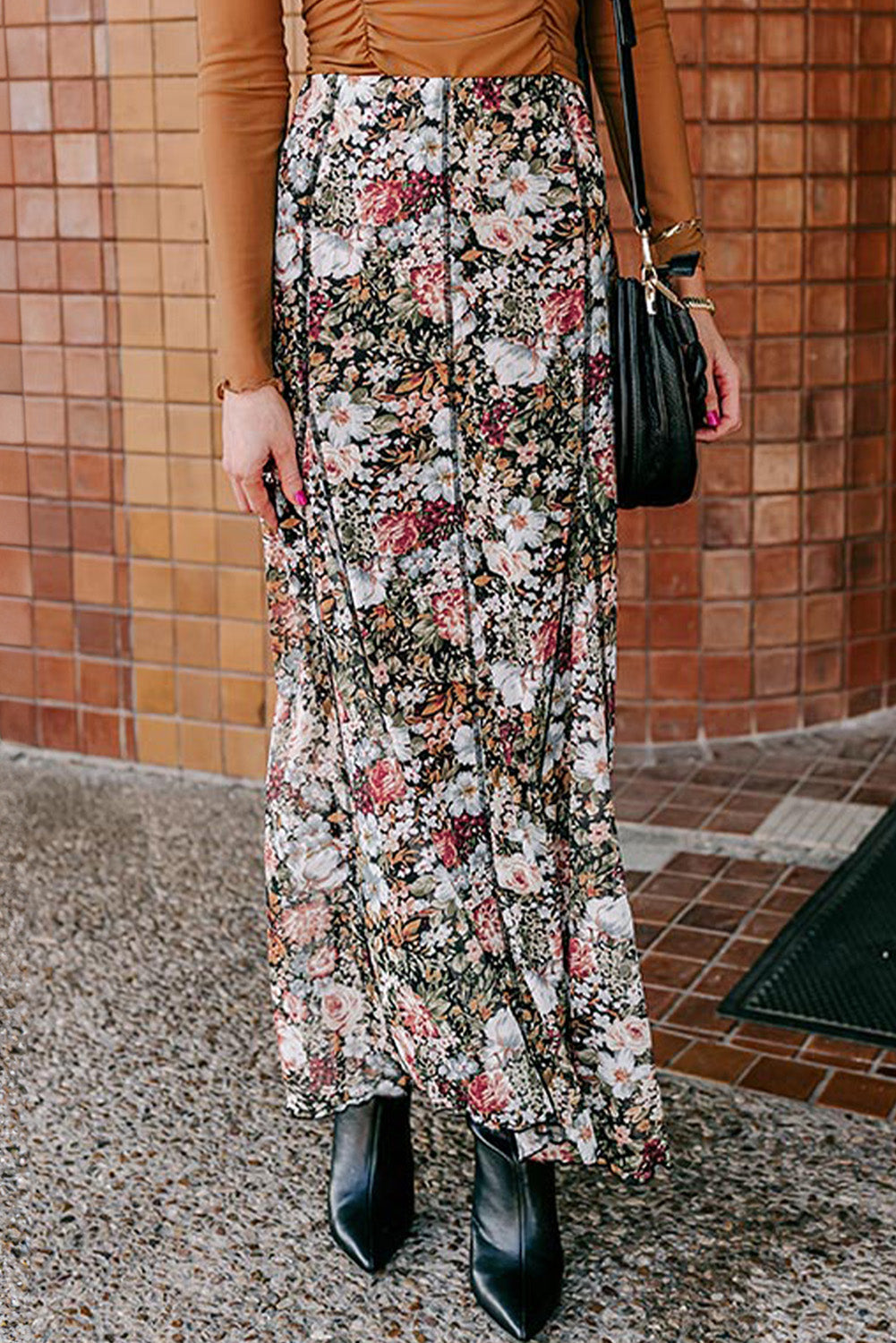 Brown Floral Print High Waist Maxi Skirt eAura