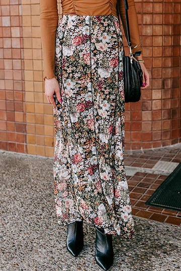 Brown Floral Print High Waist Maxi Skirt eAura