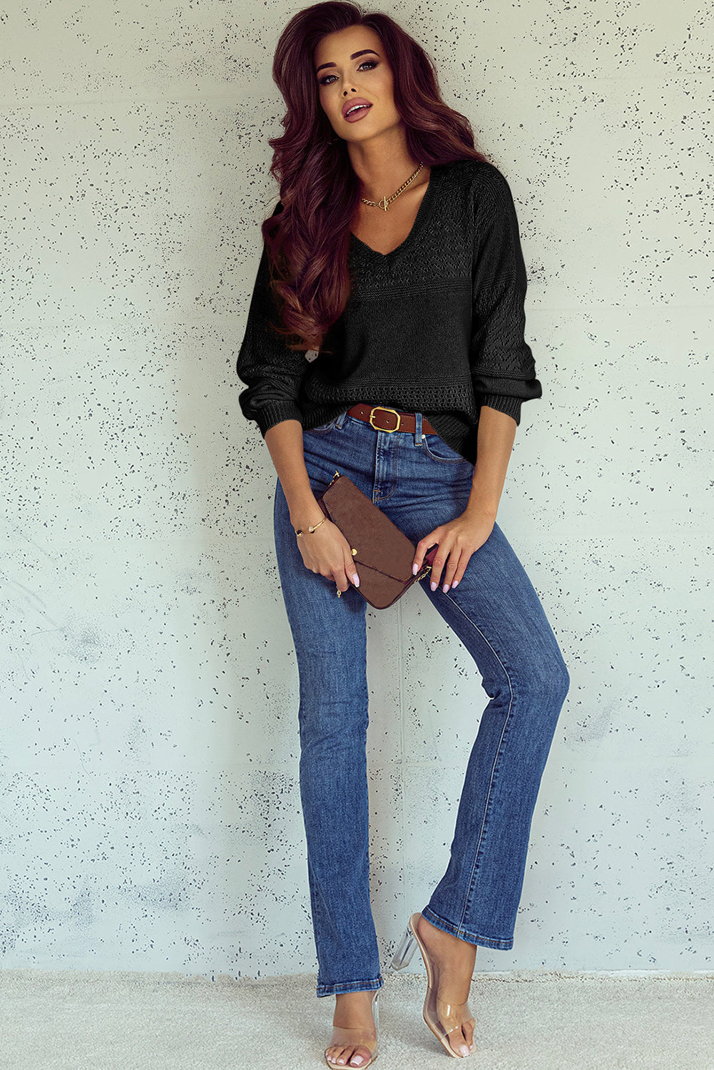 Black Eyelet Pattern Detail V Neck Drop Shoulder Sweater eAura