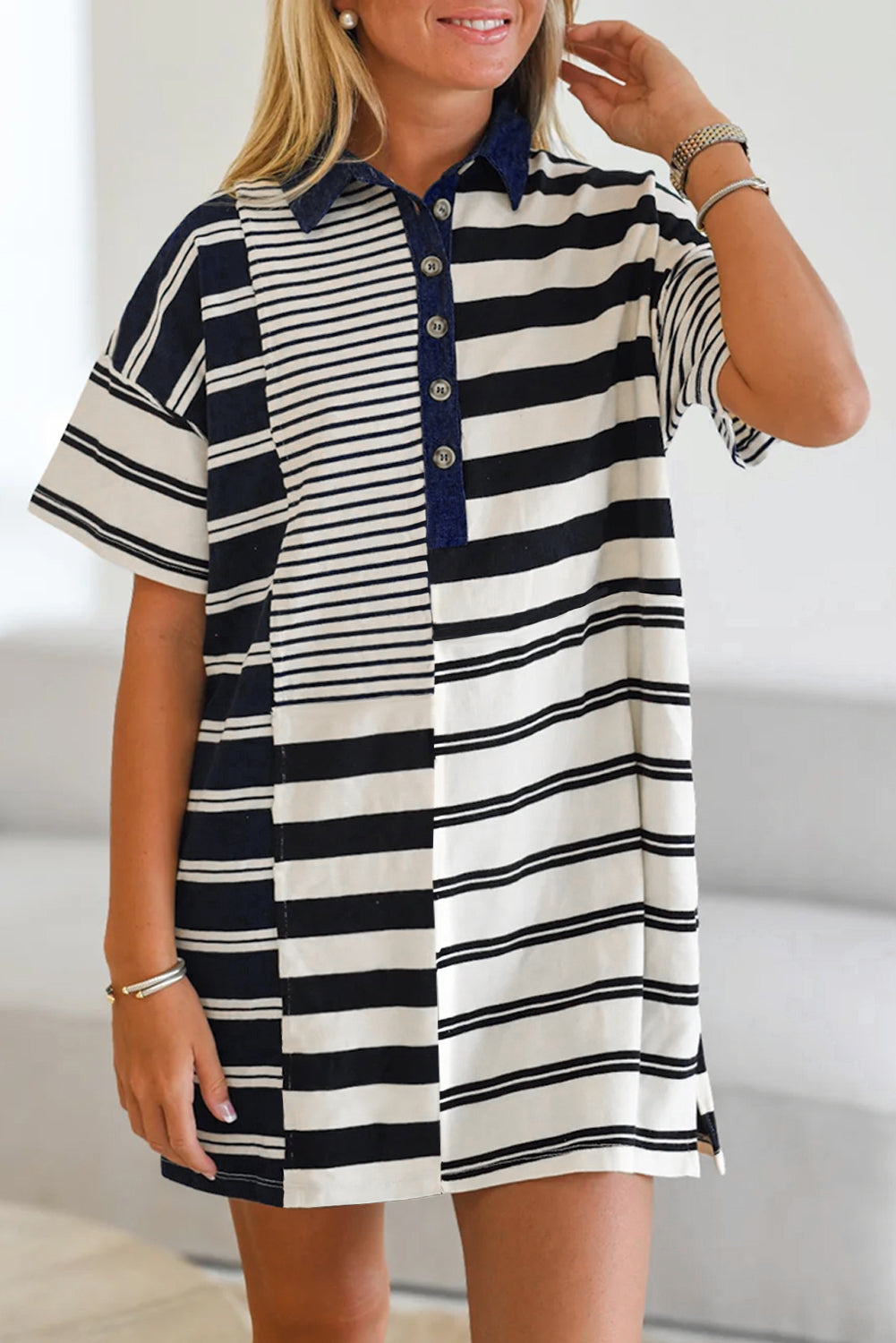 Black Stripe Half Placket Polo T Shirt Dress eAura