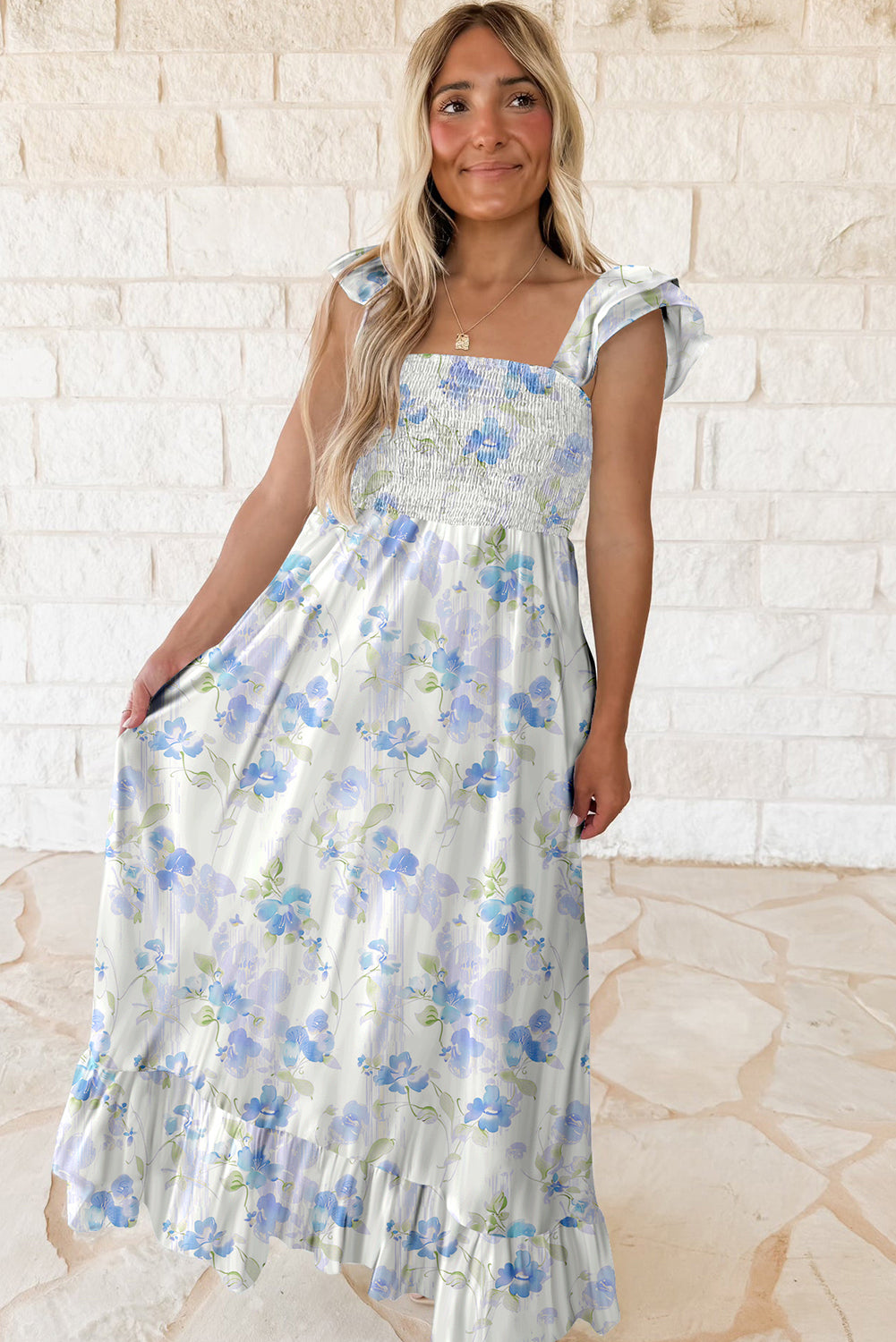 Sky Blue Floral Smocked Ruffle Sleeveless Maxi Dress eAura