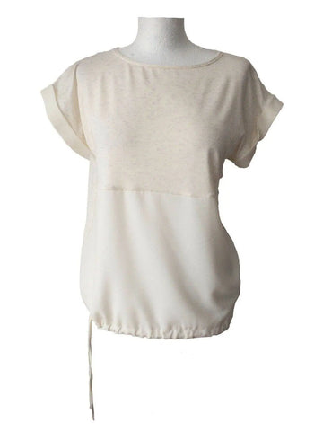Cream Contrast Material Pull Cord Hem Top Size 10 Metallic Thread - Beagle Boutique Fashion Outlet