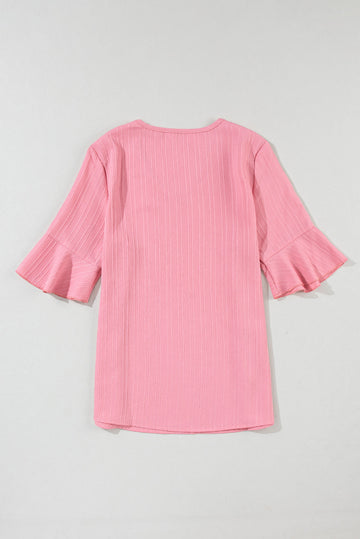 Pink Ruffled Half Sleeve V Neck Textured Top | eAura Fashion