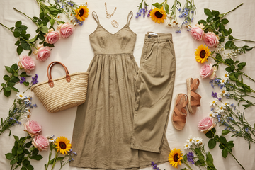 hich flower goes with khaki — khaki outfit styled with blush roses, dahlias and wildflowers