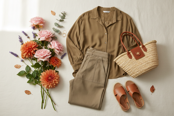 Which flower goes with khaki — khaki outfit styled with blush roses, dahlias and wildflowers