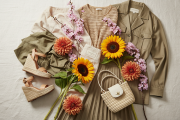 Khaki and flower colour combinations — khaki clothing with sunflowers, cherry blossom and terracotta dahlias