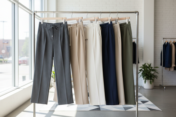 create an image of some womens trousers from my collection, hanging on coat hangers on a rail.