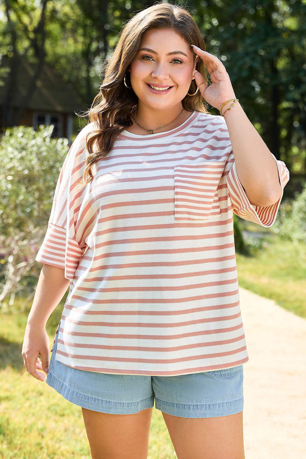 Pink Stripe Waffle Knit Pocketed Half Sleeve Plus Size T Shirt BB Fashion Outlet