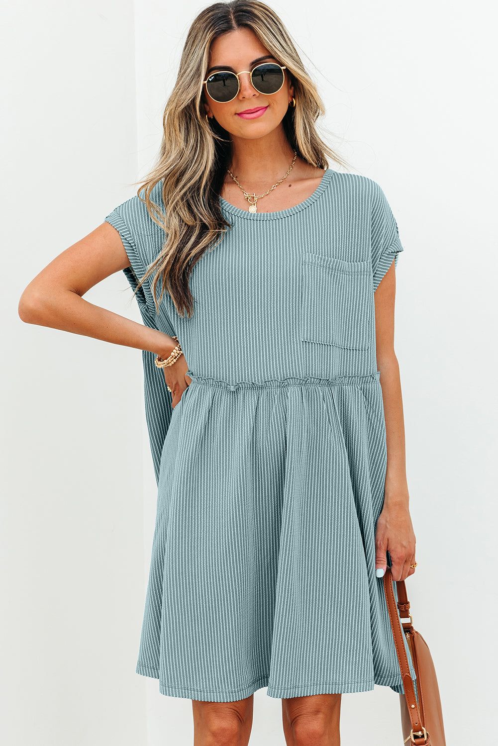 Canton Ribbed Knit Textured Patched Pocket Frilled Swing Mini Dress with Pockets eAura