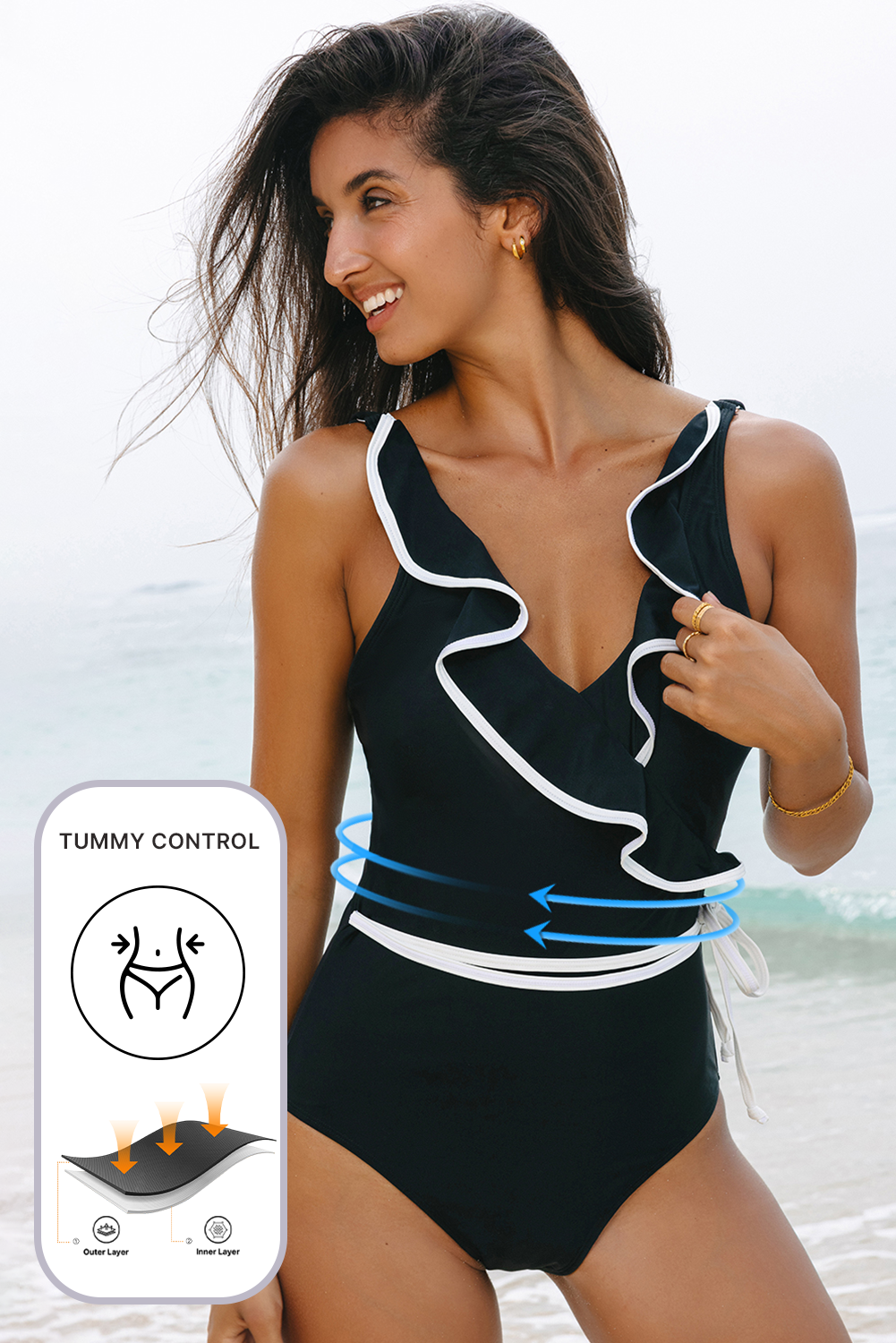 Black Colour Contrast Ruffled Wrap V Neck Swimsuit eAura