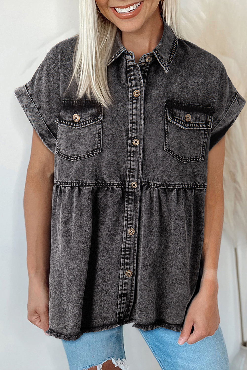 Black Short Sleeve Flap Pocket Button Up Raw Hem Denim Shirt eAura