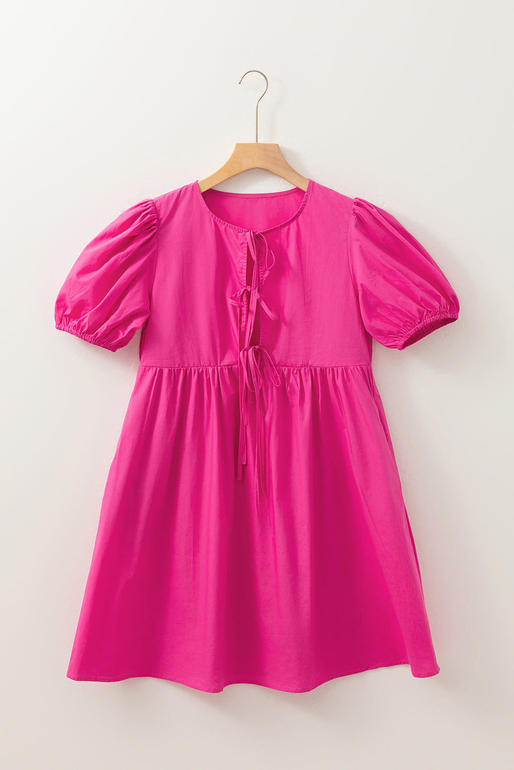 Bright Pink Solid Colour Puff Sleeve Tie Front High Waist Mini Dress eAura