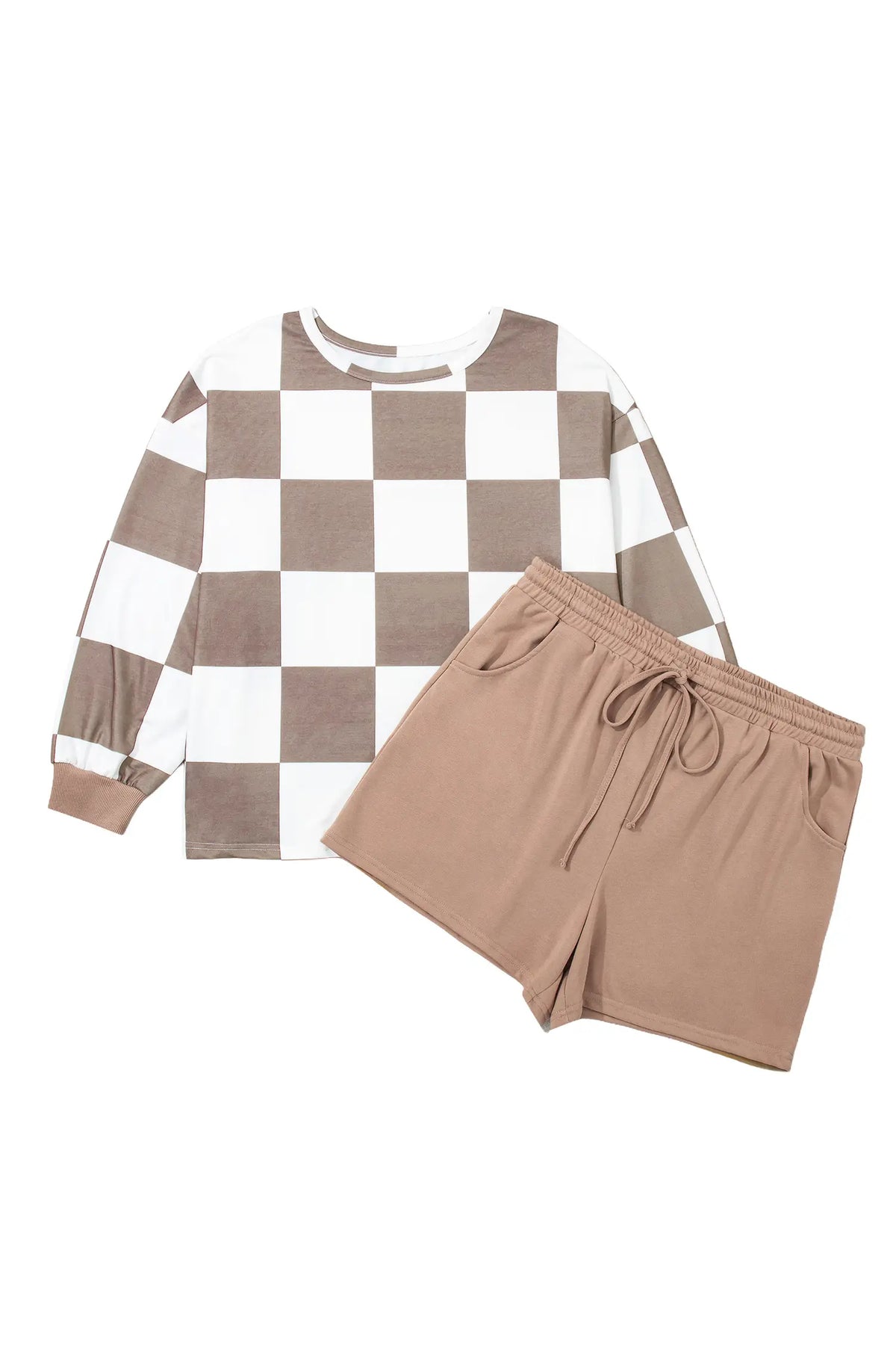 Checkered Contrast Long Sleeve Top Solid Shorts Plus Size 2pcs Set – Khaki