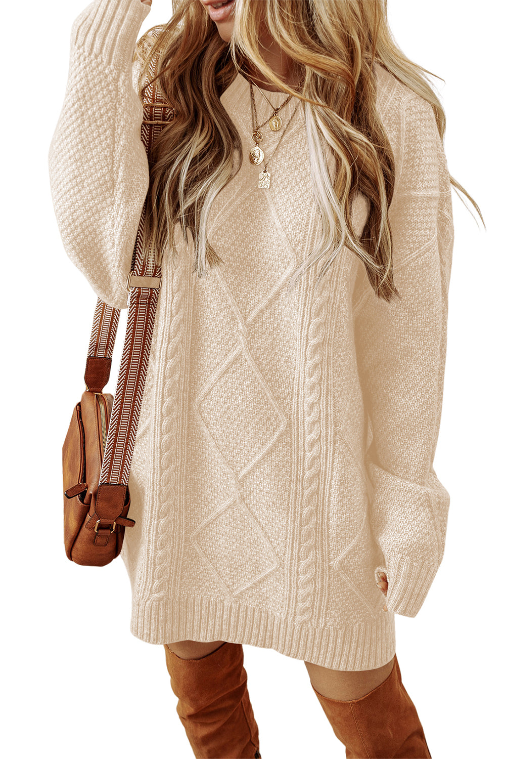 Cable Knit Drop Shoulder Sweater Dress – Brown, Black, Green, Beige & Burgundy