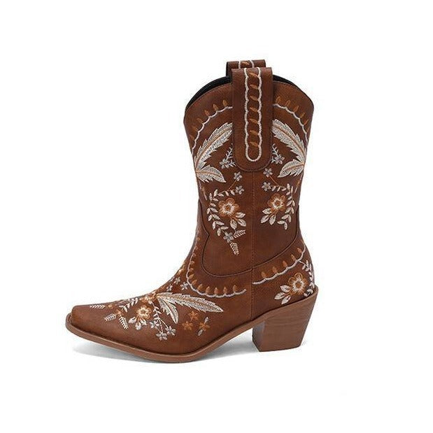 Chunky Heel Embroidery Knee-high Cowboy Boots - eAura