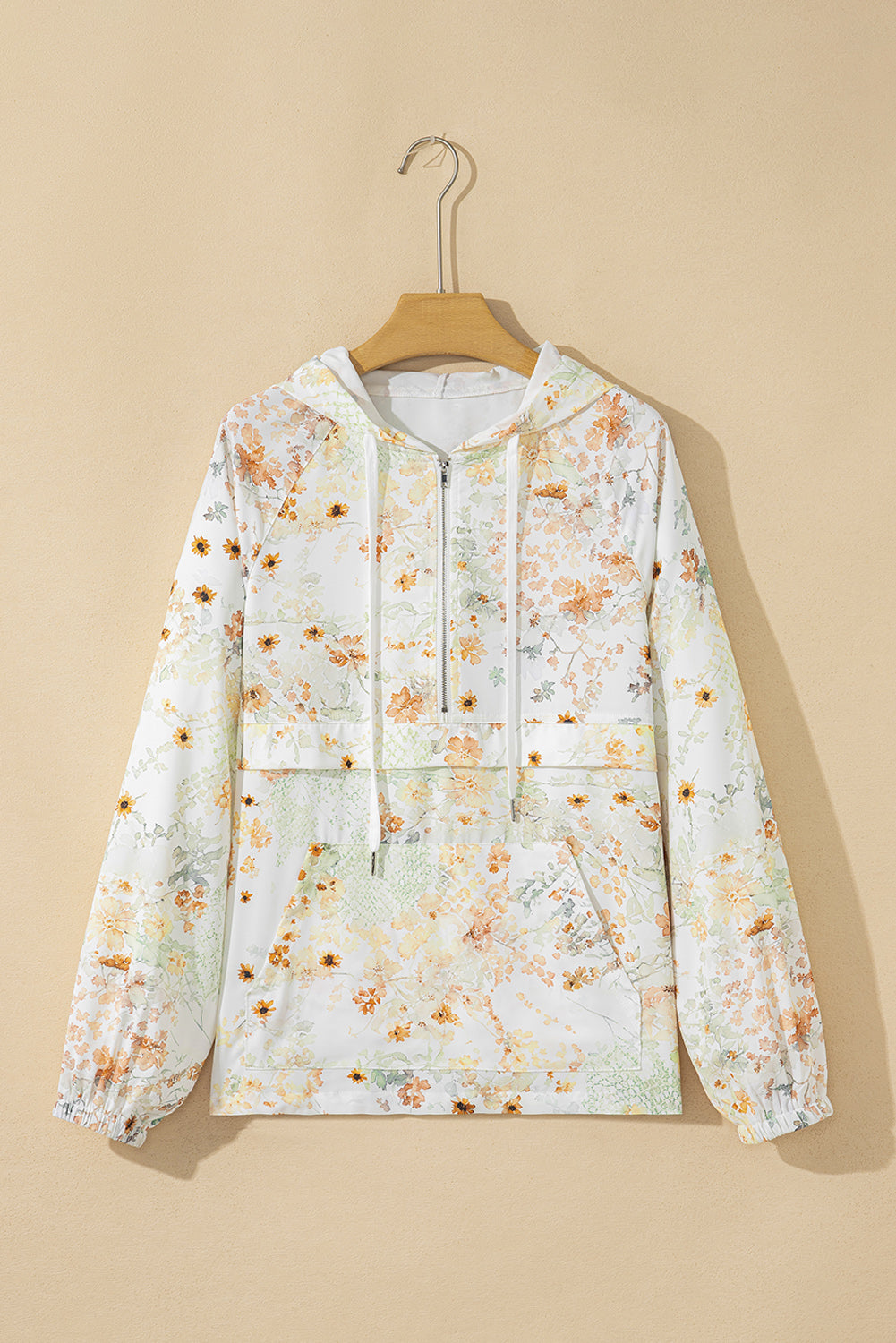 Yellow Floral Print Half Zip Hooded Long Sleeve Top eAura