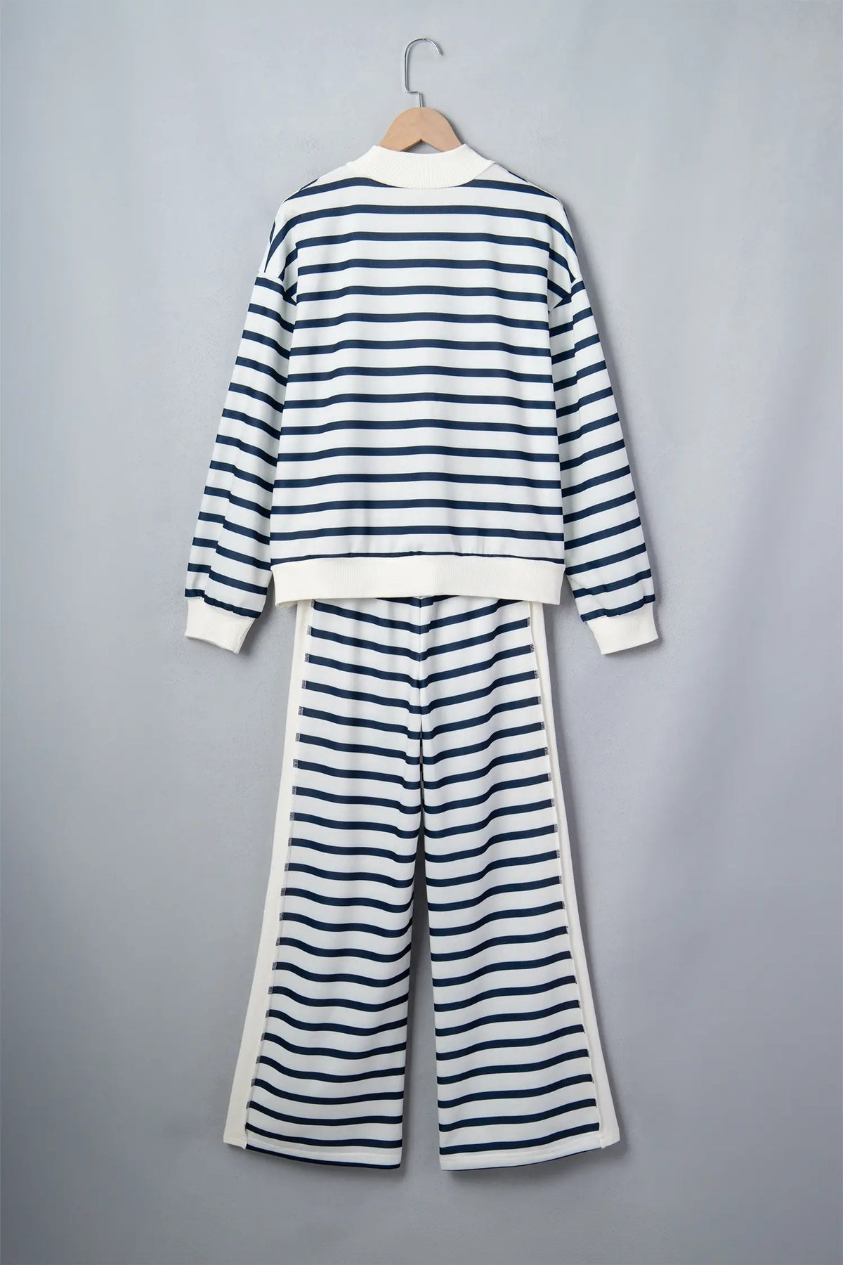 Striped Ribbed Cuff Collar Pocket Loose Pant Set – Blue Stripe