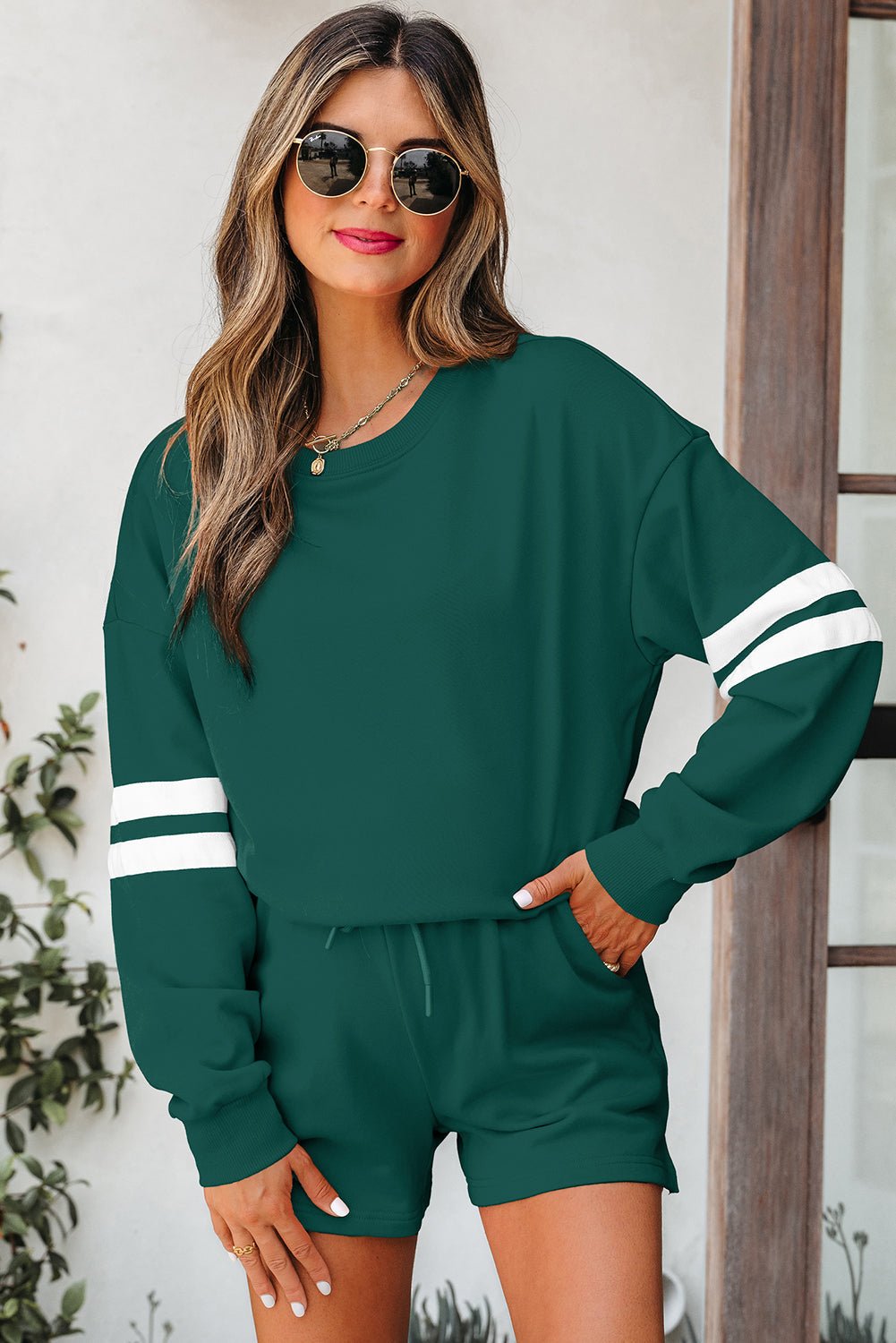 Varsity Striped Sleeve Drop Shoulder Sweatshirt and Shorts Co-ord Set eAura