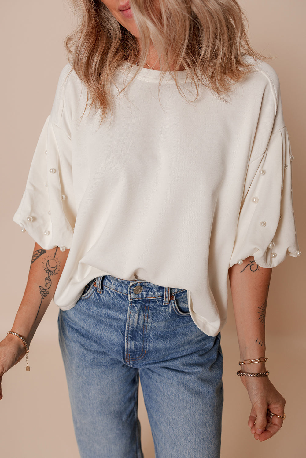 White Pearled Puff Sleeve Round Neck Loose Top eAura