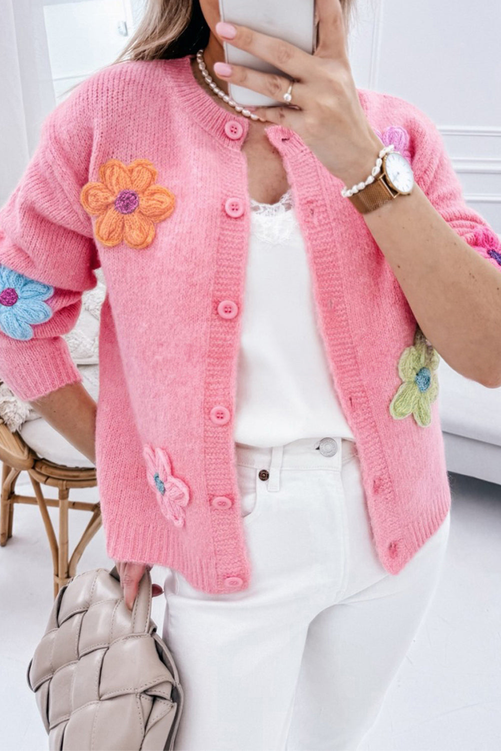 Pink Cute Knitted Floral Pattern Button Up Cardigan eAura