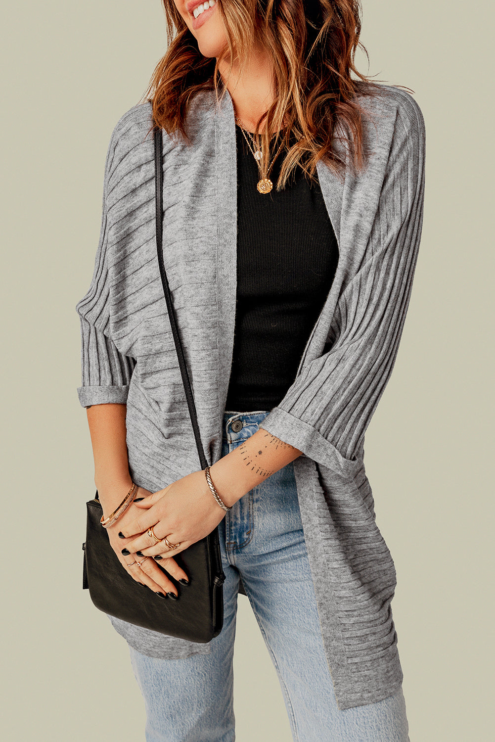 Grey Ribbed Open Front Knit Cardigan eAura