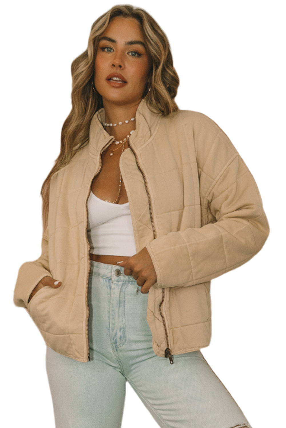 Zip-Up Pocket Quilted Cropped Jacket - Outerwear/Jackets