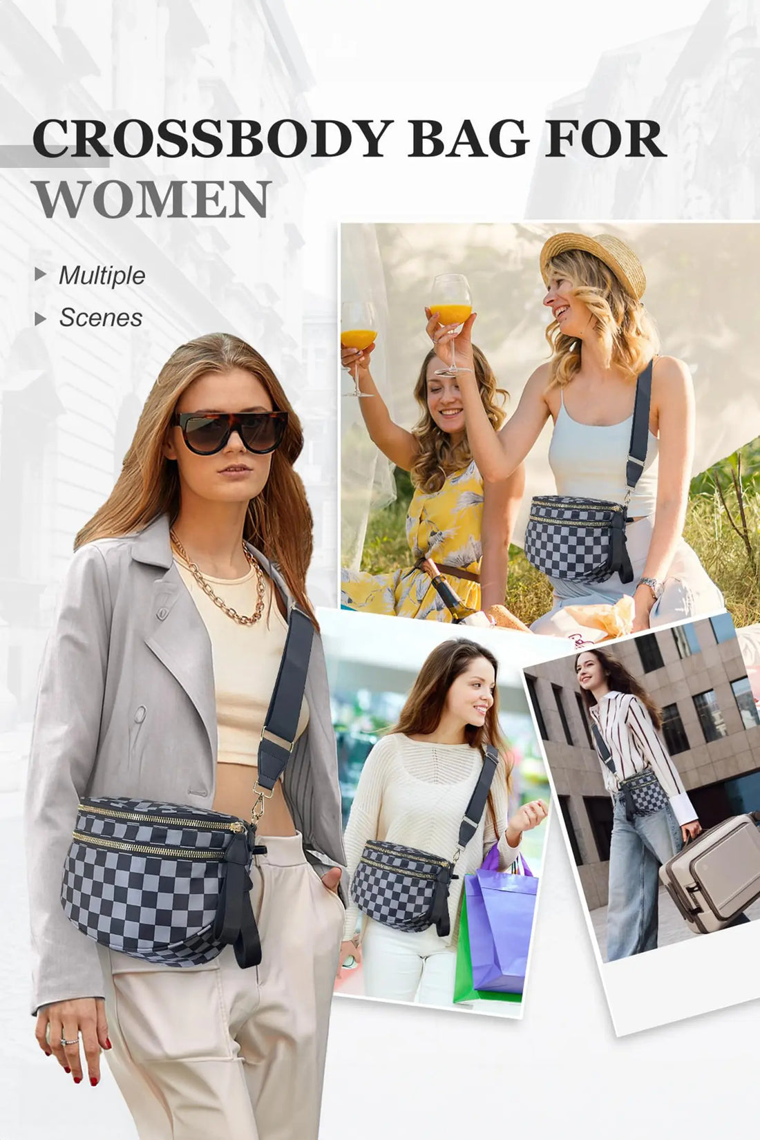 Checkered Print Wide Strap Large Crossbody Bag