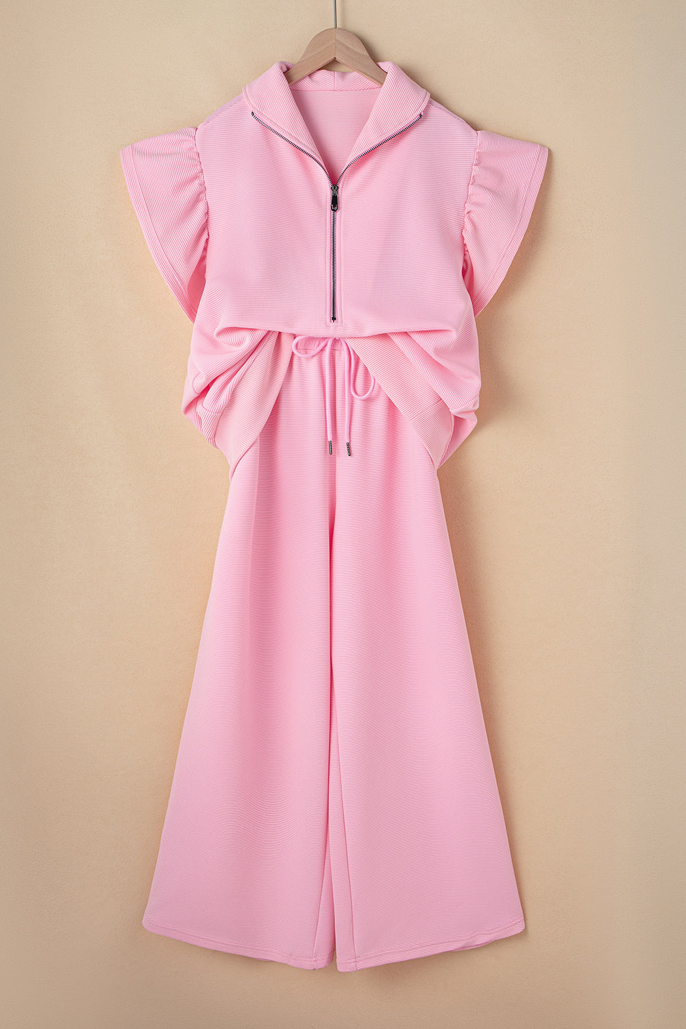 Pink Textured Ruffled Sleeve Zipped Top and Wide Leg Trousers Set eAura