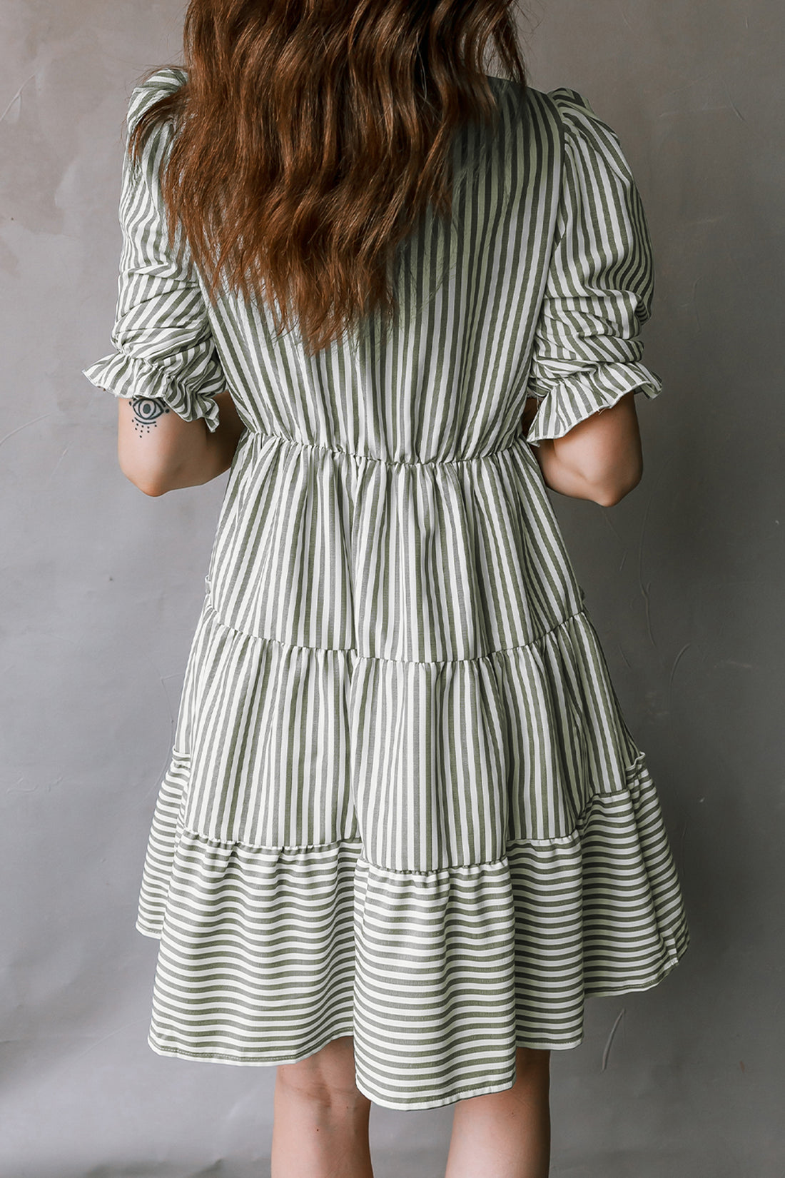Stripe Tasseled Tie Neck Ruffled Short Sleeve Tiered Dress