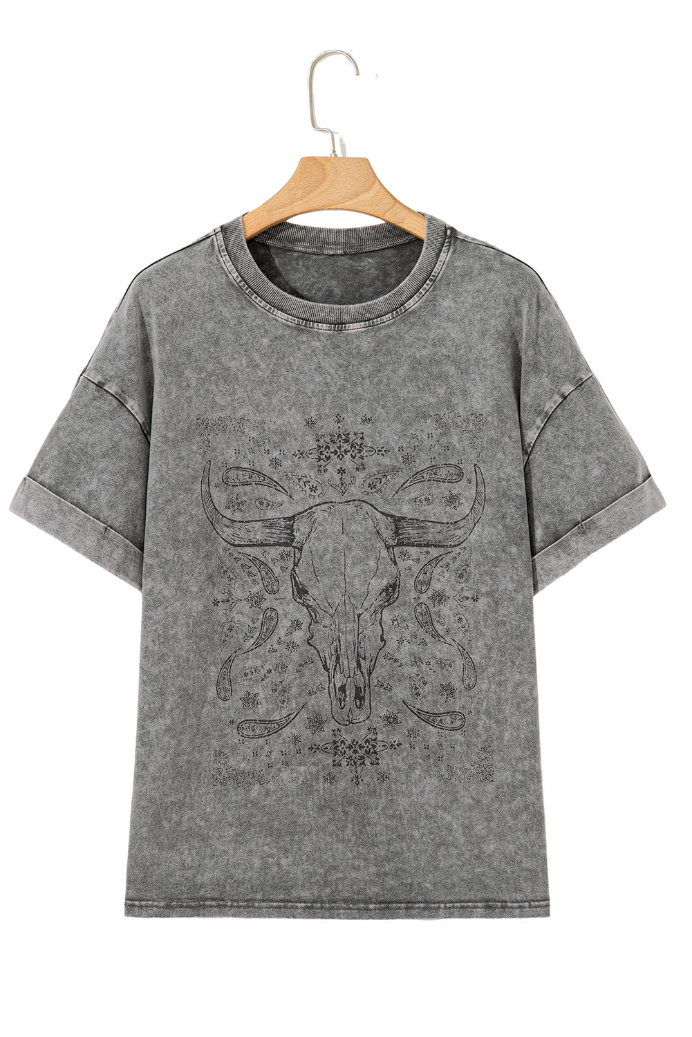 Light Grey Western Steer Head Tie Dye Print Crew Neck T Shirt eAura