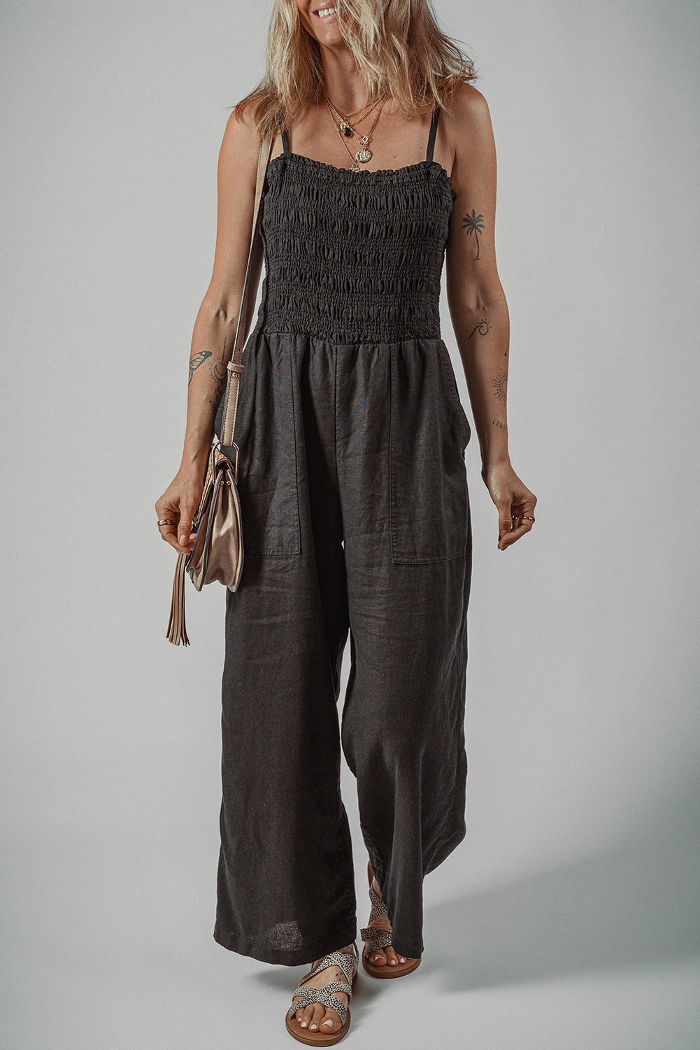 Black Spaghetti Straps Shirred Bodice Pocketed Wide Leg Jumpsuit eAura