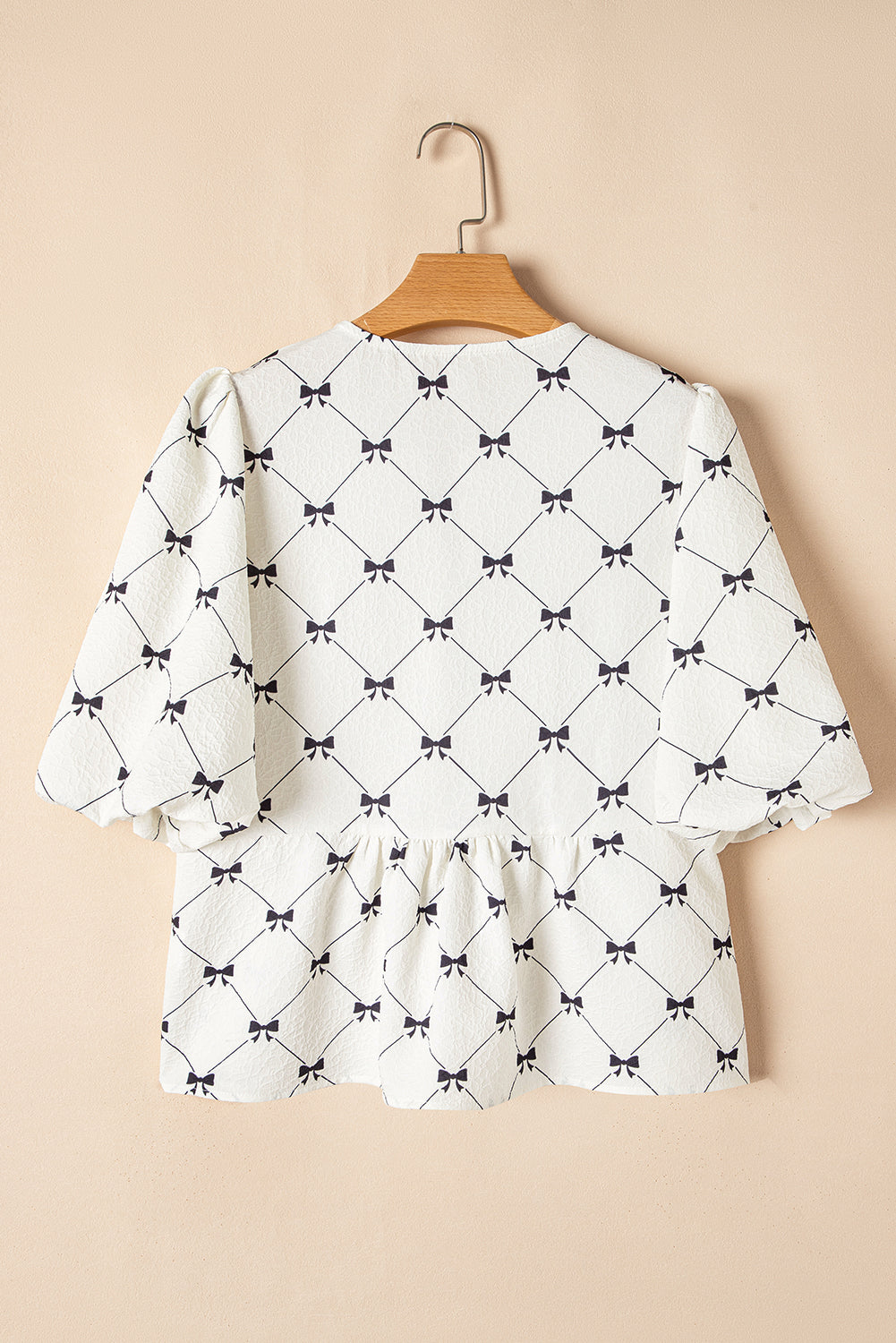 White Bowknot Print Front Knots Bubble Sleeve Blouse eAura
