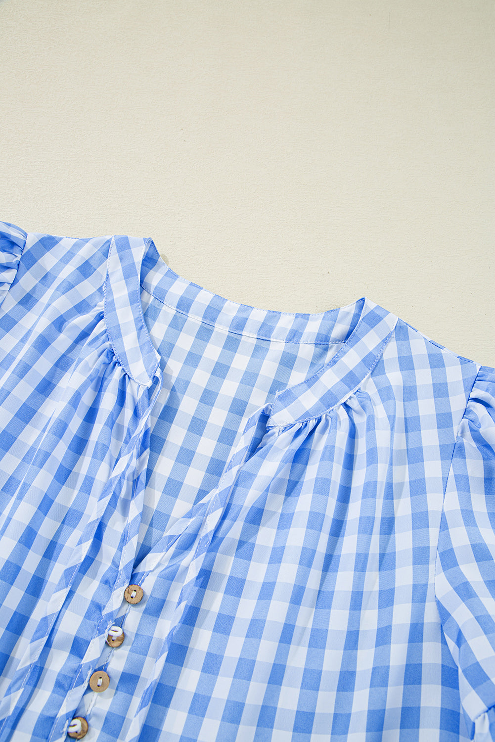 Sky Blue Gingham Short Sleeve Button Tie Split Neck Loose Mini Dress eAura