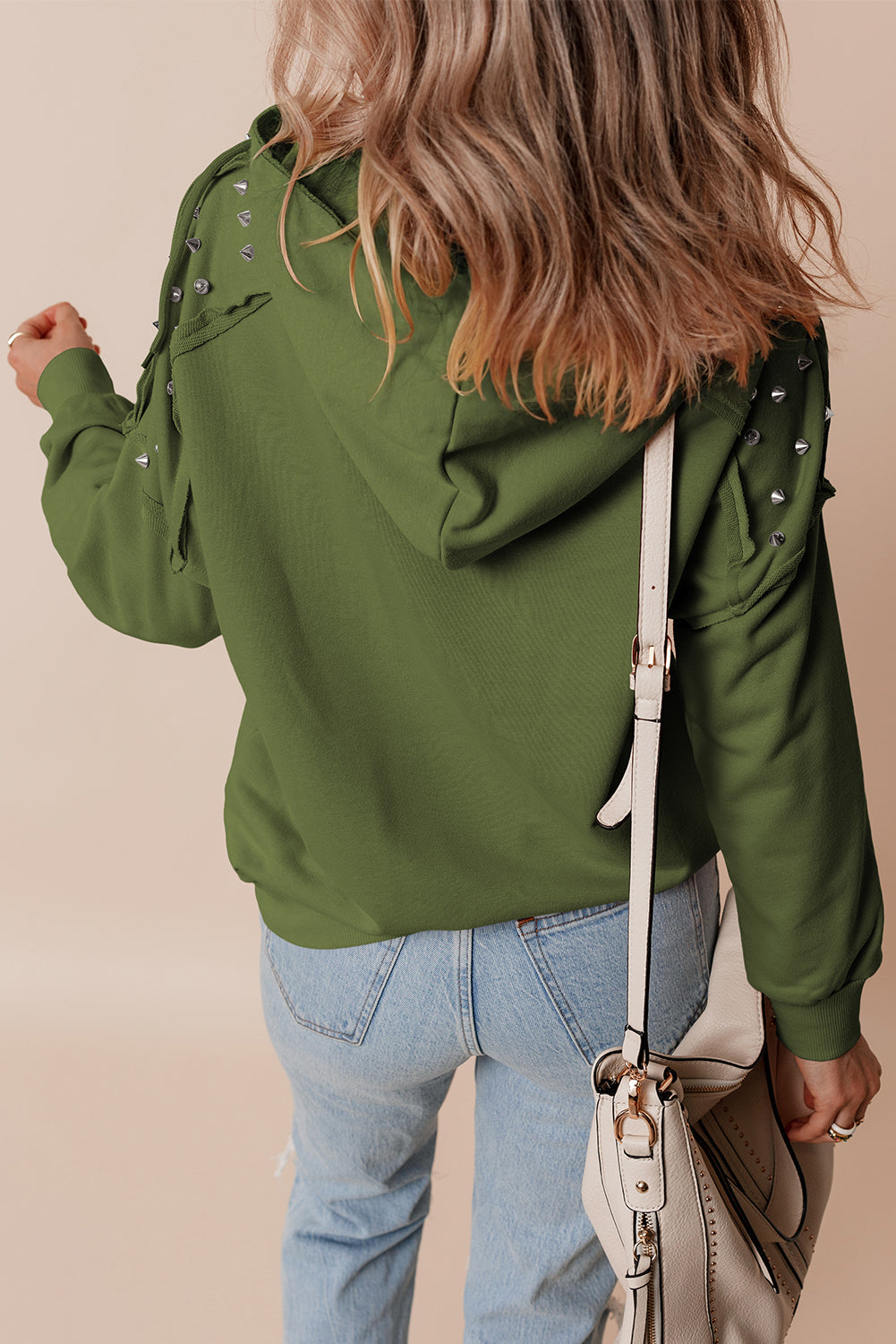 Fushia Solid Color Rivet Stud Raglan Sleeve Hoodie with Pocket BB Fashion Outlet